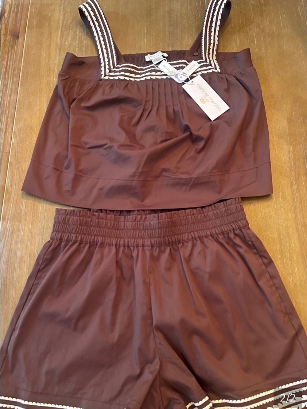 NWT Caroline Constas Brown Embroidered Trim Shorts Set Sz Medium - Picture 2 of 2